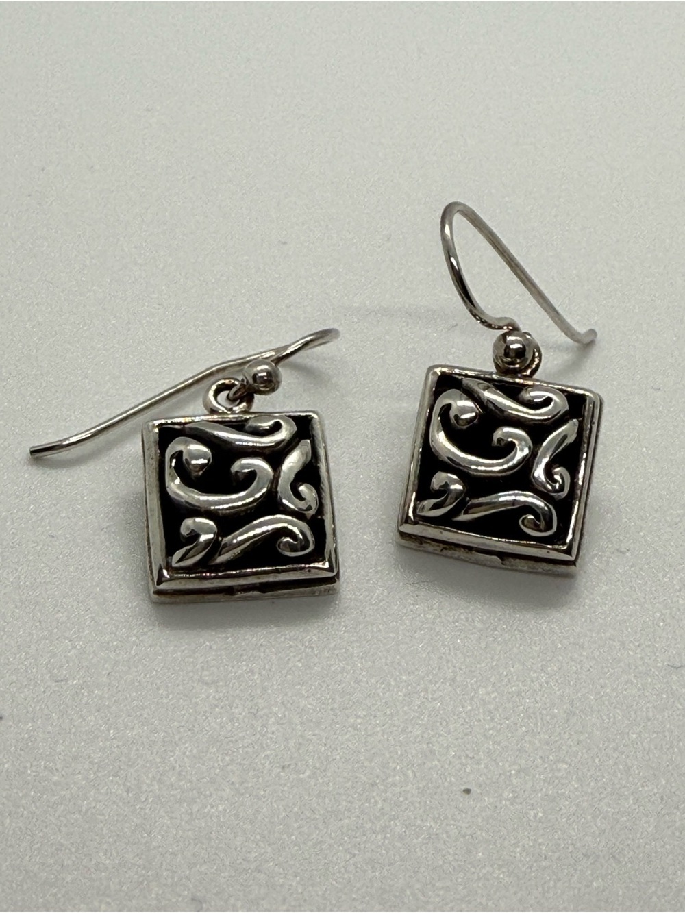 Sterling Silver 925 Scroll Filigree Square Dangle Earrings Boho